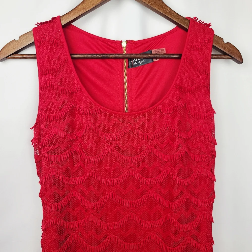 GUESS Red Scalloped Crochet Lace Fringe Cocktail Dress – Size 12 - Picture 5 of 13